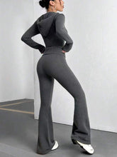 Zip Up Hooded Top and Flare Pants Sweater Set OutfitFlow